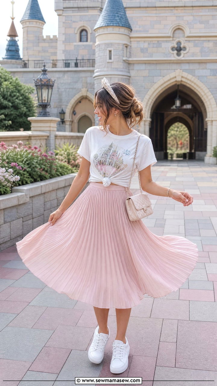 Pleated Skirt With A Knotted Disney Tee - 30 Disneyland outfit ideas summer