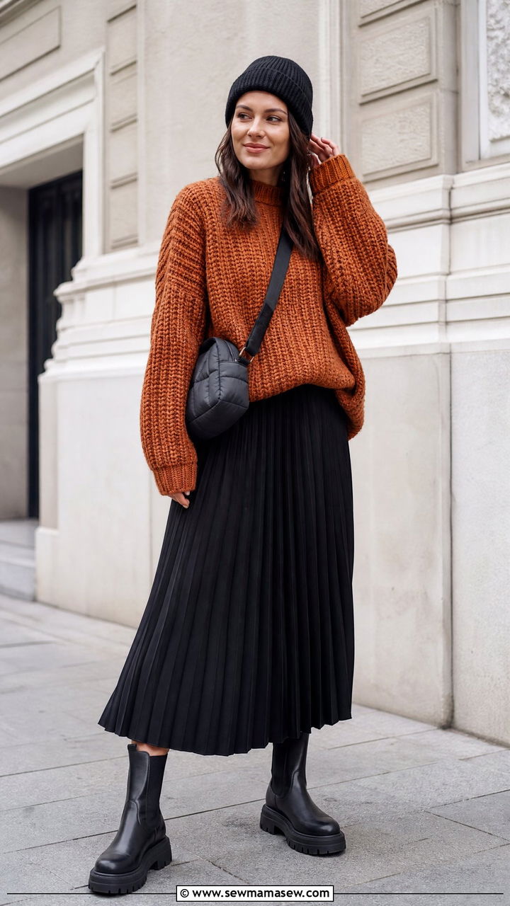 Pleated Skirt With Chunky Knit and Lug Sole Boots - 25 How to style a pleated skirt