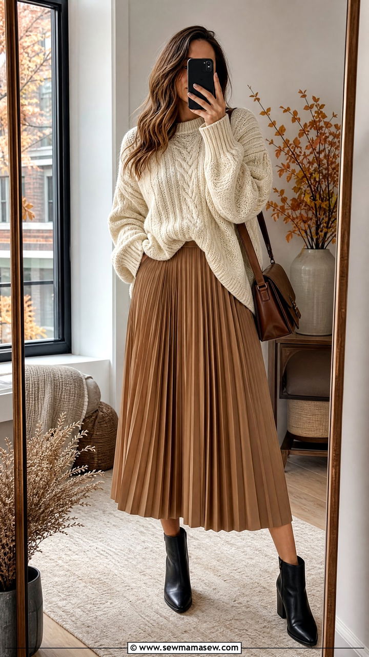 Pleated Skirt With Chunky Sweater and Ankle Boots - 25 How to style a pleated skirt