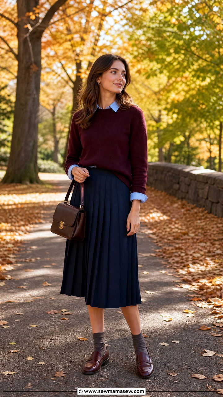 Pleated Skirt With Collared Shirt Under Sweater and Loafers - 25 How to style a pleated skirt