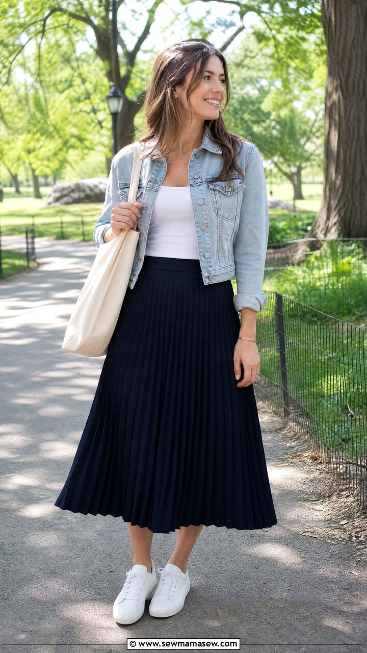 Pleated Skirt With Denim Jacket and White Sneakers - 25 How to style a pleated skirt