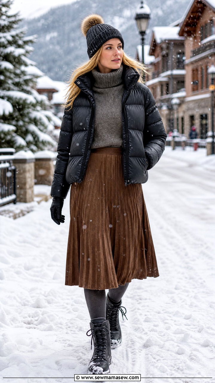 Pleated Skirt With Puffer Jacket and Snow Boots - 25 How to style a pleated skirt
