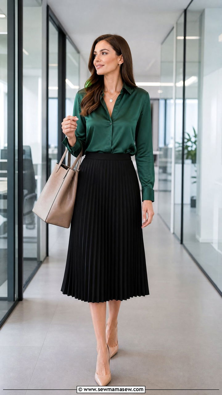Pleated Skirt With Silk Blouse and Pointed Toe Pumps - 25 How to style a pleated skirt