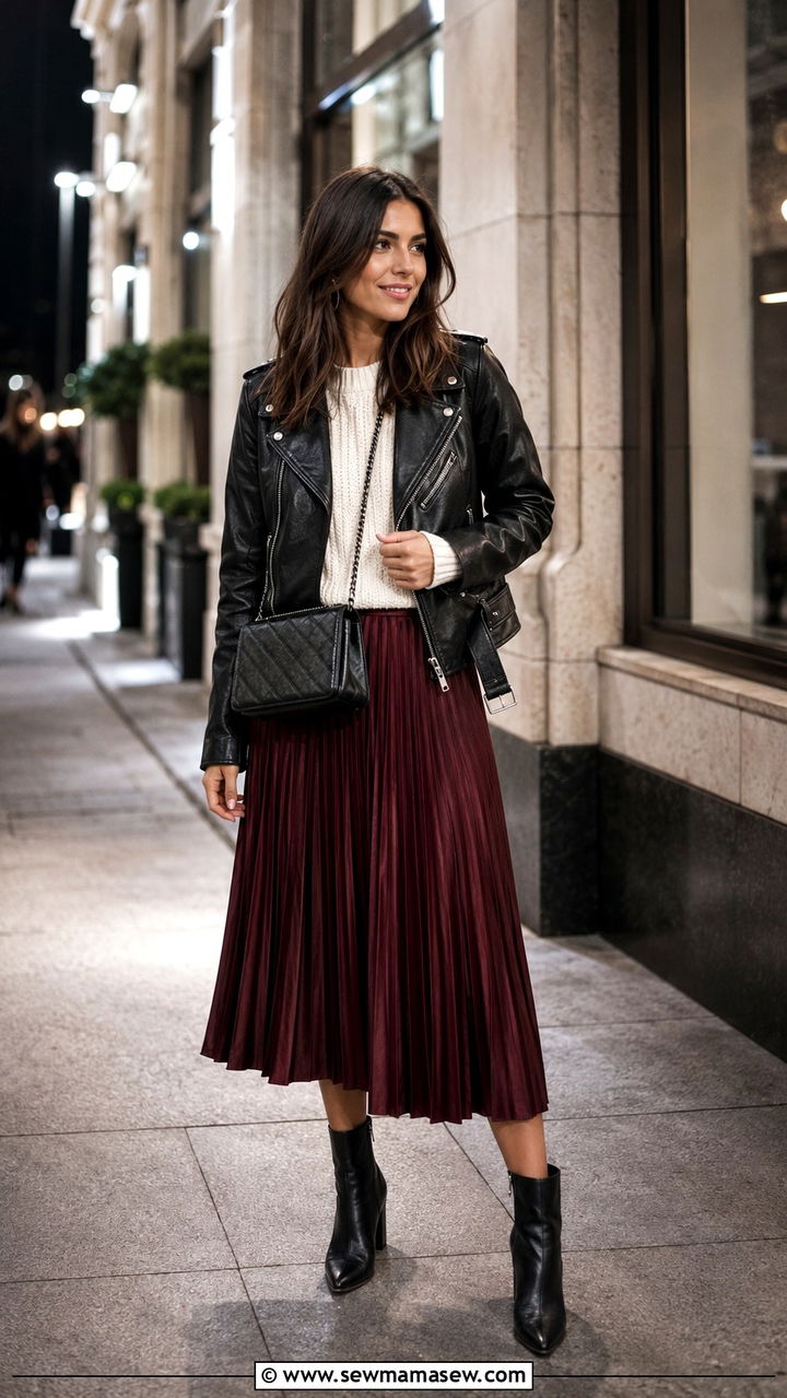 Pleated Skirt With Sweater and Leather Jacket Look - 30 Pleated skirt outfit ideas with a sweater