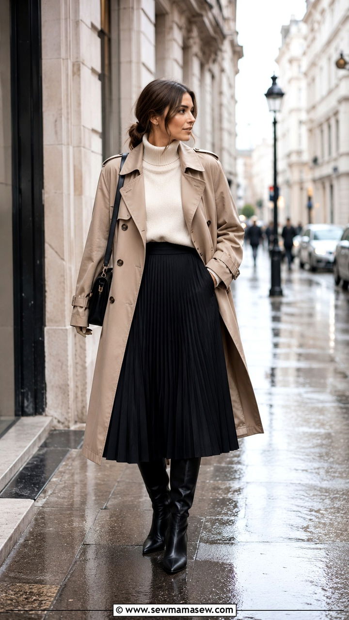 Pleated Skirt With Sweater and Trench Coat Outfit - 30 Pleated skirt outfit ideas with a sweater