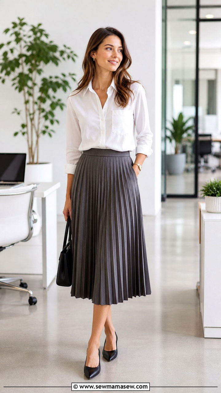 Pleated Skirt With a Button Down Shirt - 40 Casual office outfit ideas