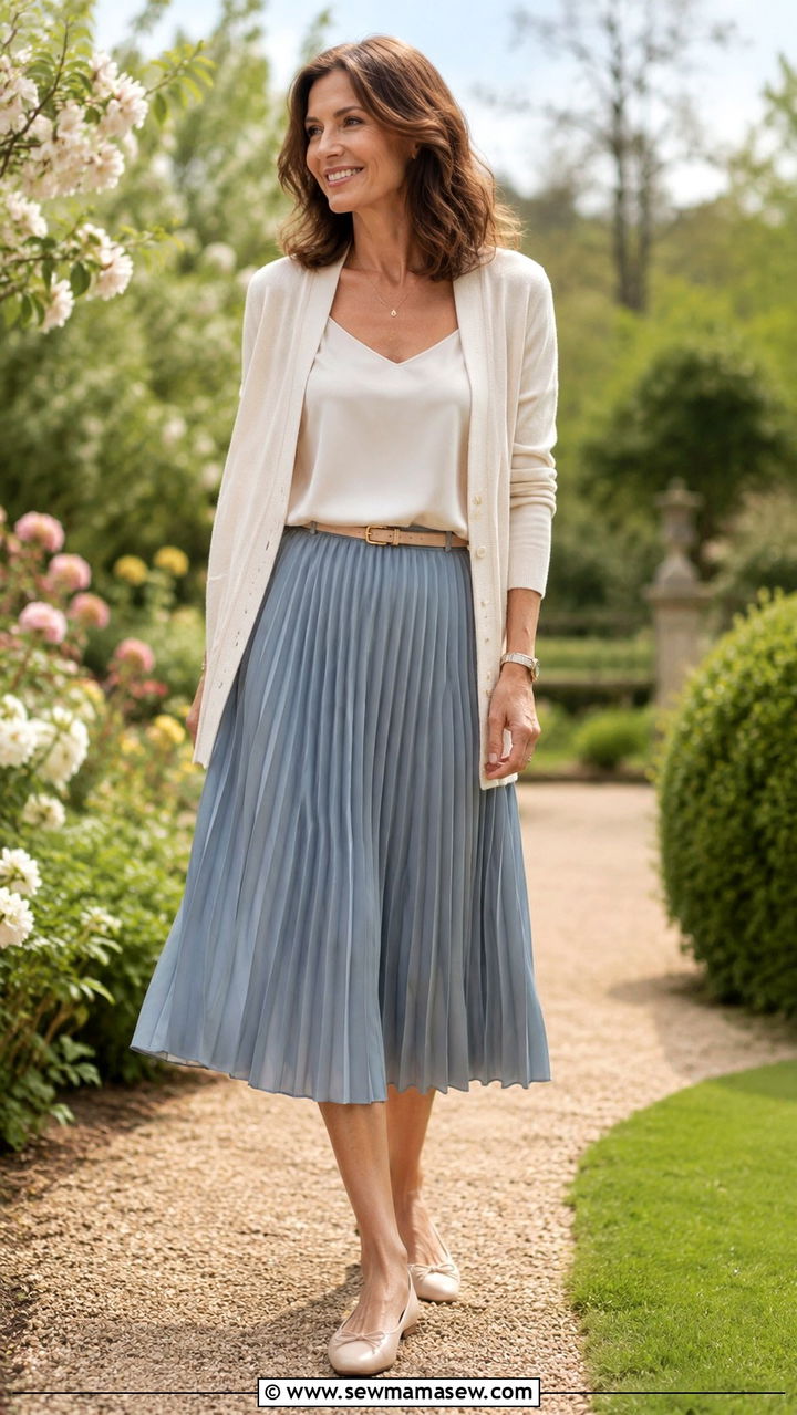 Pleated Skirt and Cardigan - 25 pleated skirt outfits for women over 40