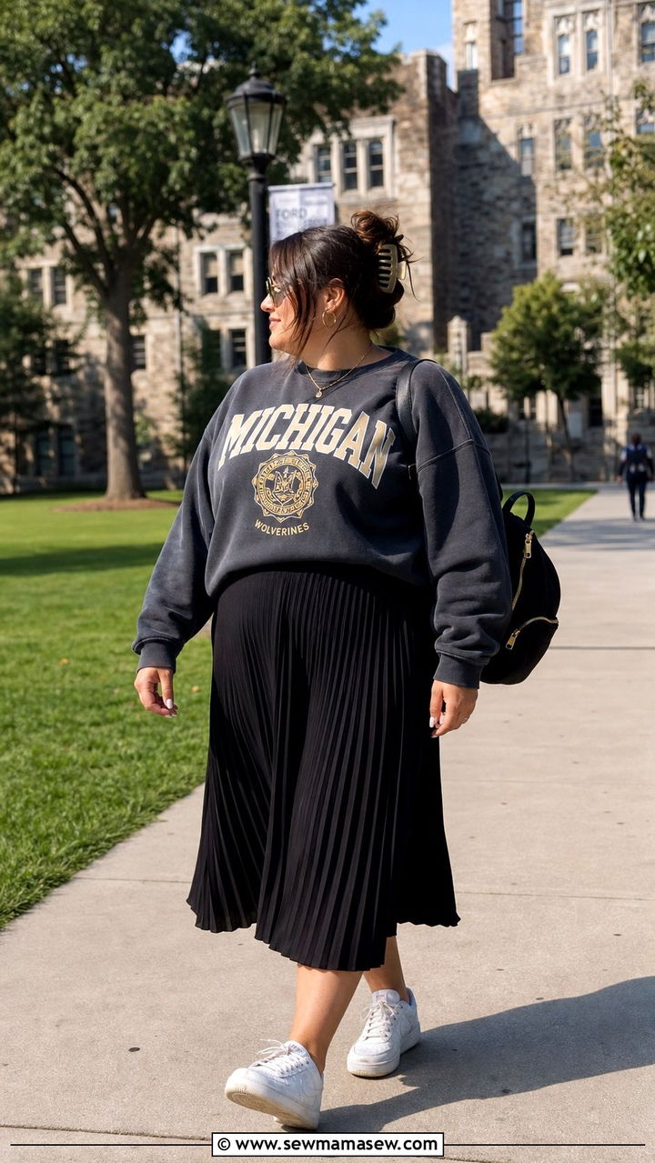 Pleated Skirt and Graphic Sweatshirt College Outfit - 25 College outfit ideas plus size