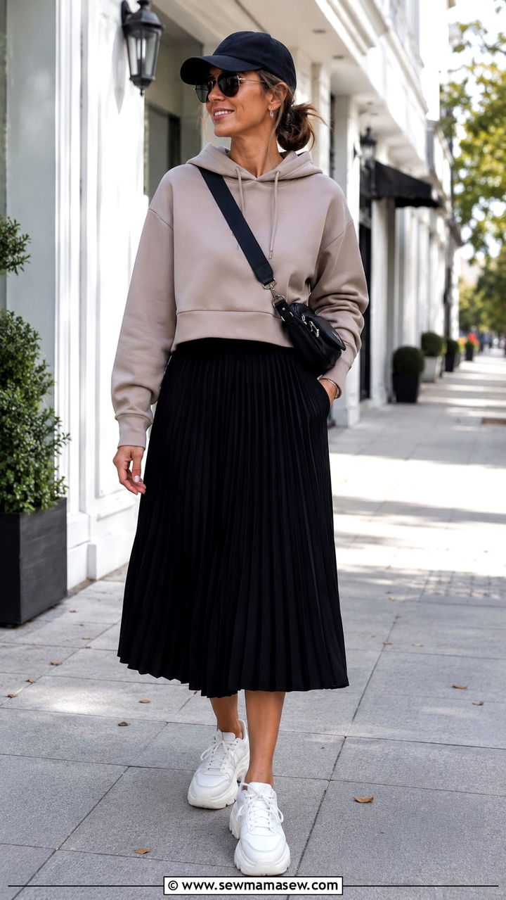 Pleated Skirt and Hoodie with Sneakers - 25 pleated skirt outfits for women over 40