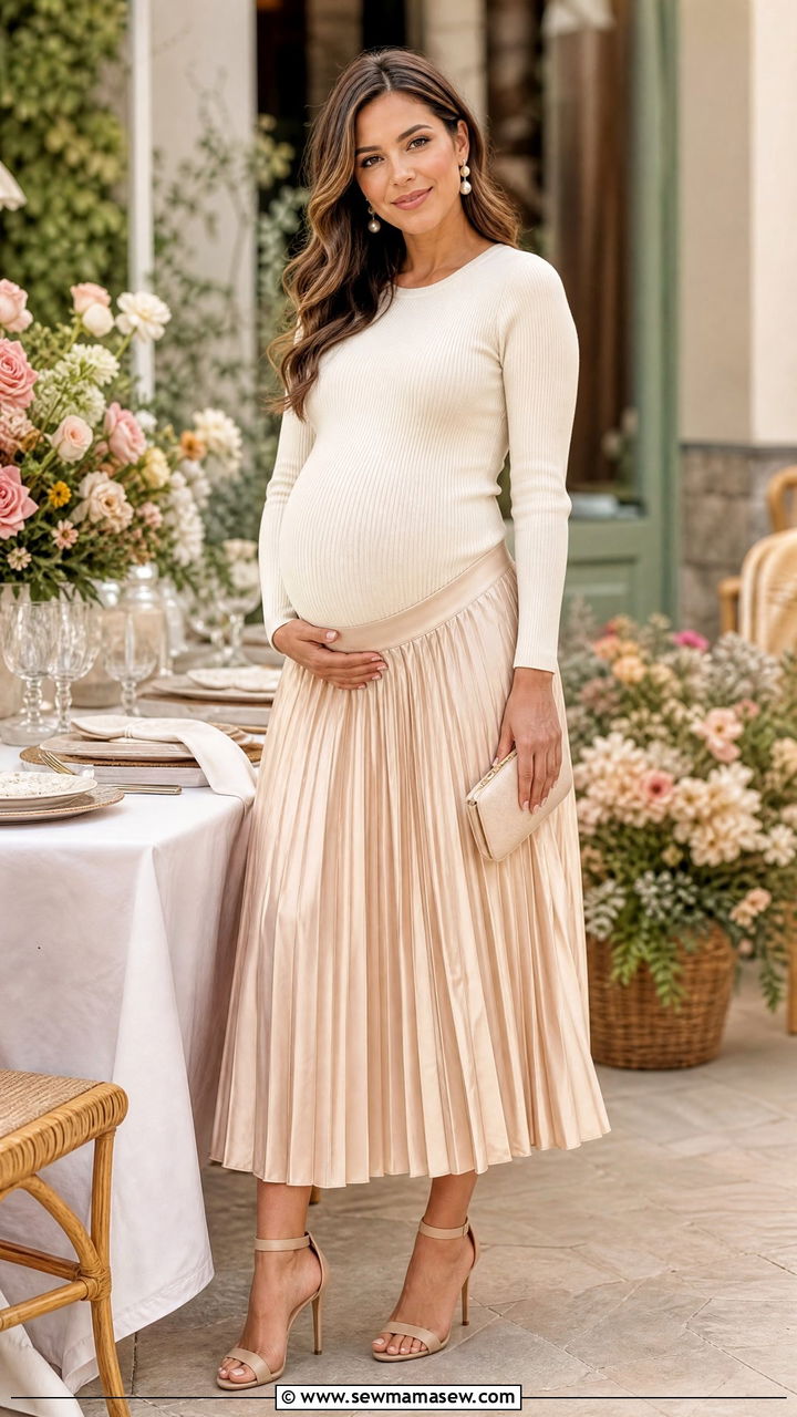 Pleated Skirt and Knit Top Maternity Outfit - 25 Maternity outfit ideas for gender reveal
