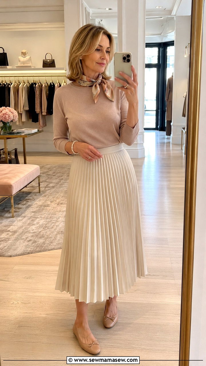 Pleated Skirt with Ballet Flats - 25 pleated skirt outfits for women over 40