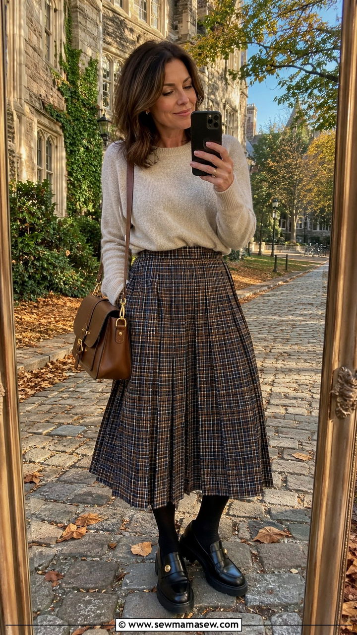 Pleated Skirt with Chunky Loafers - 25 pleated skirt outfits for women over 40