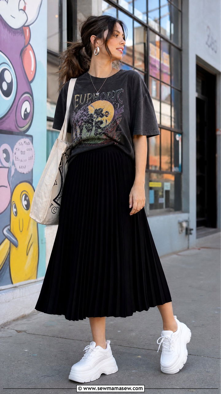 Pleated Skirt with Chunky Platform Sneakers - 25 chic pleated skirt outfit ideas