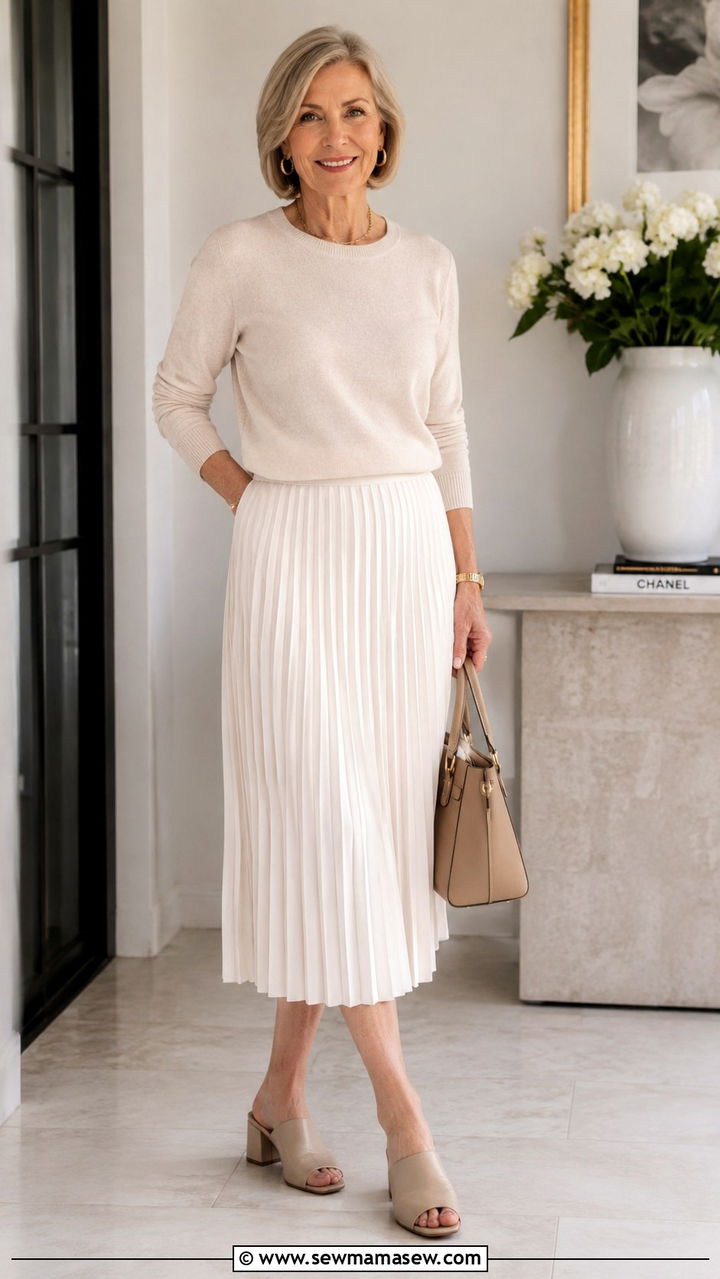 Pleated Skirt with Fine Knit Sweater and Mules - 20 65 year old woman outfit ideas