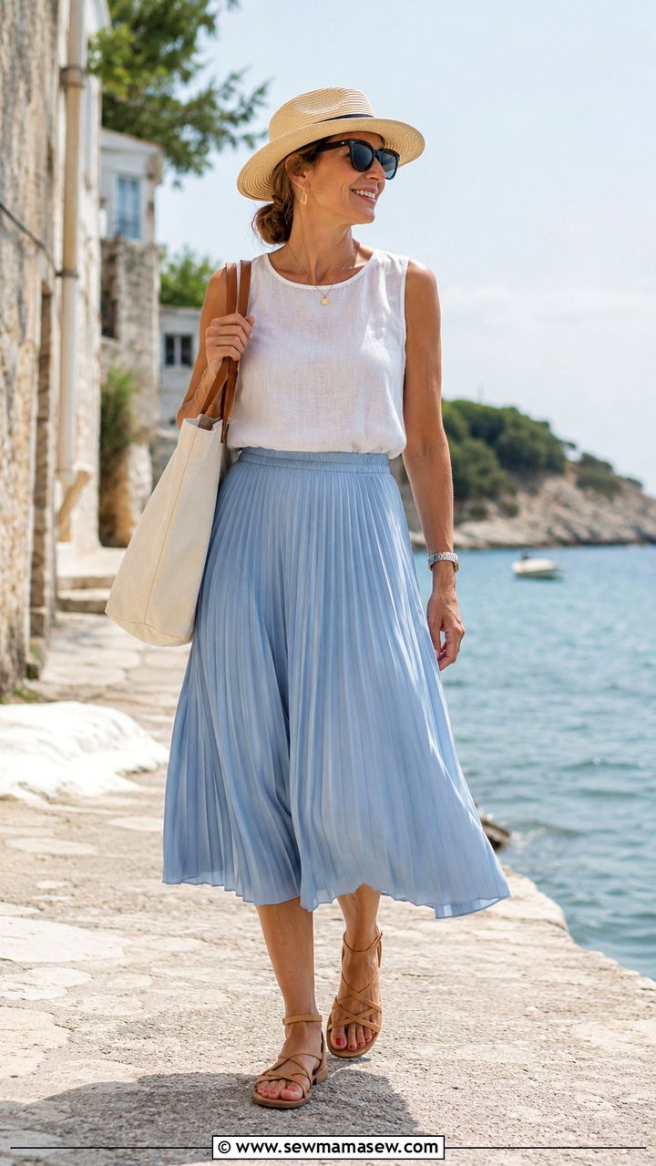 Pleated Skirt with Flat Sandals - 25 pleated skirt outfits for women over 40