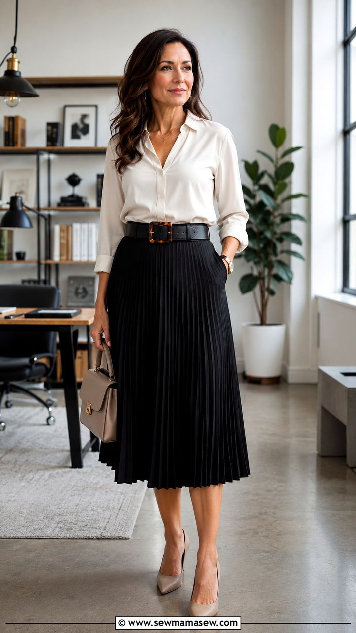 Pleated Skirt with Statement Belt - 25 pleated skirt outfits for women over 40