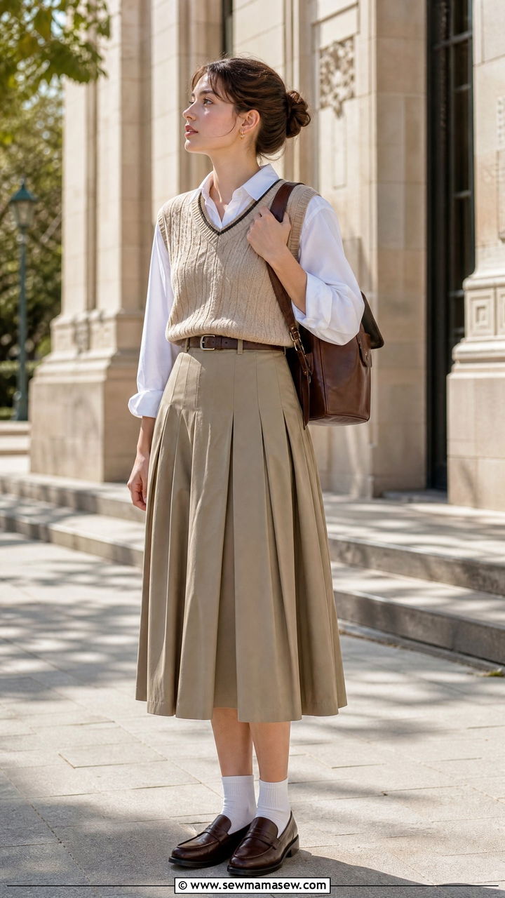 Pleated Skirt with Sweater Vest and Loafers - 30 summer school outfit ideas
