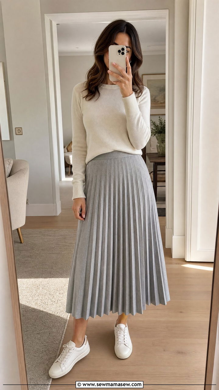 Pleated Skirt with Sweater and Sneakers - 25 Business casual outfits with sneakers