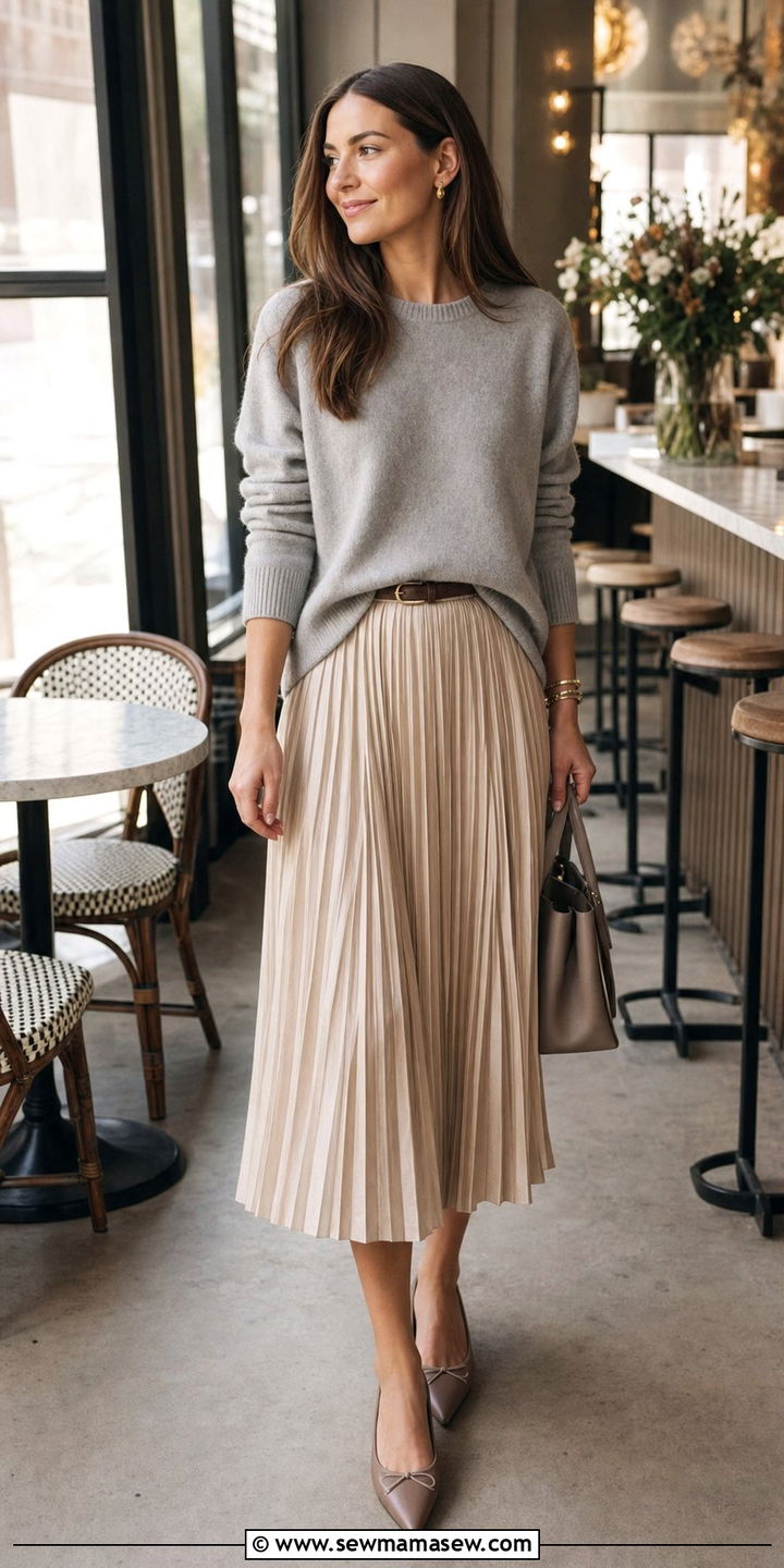 Pleated Skirt with a Cashmere Sweater - 35 birthday outfits ideas