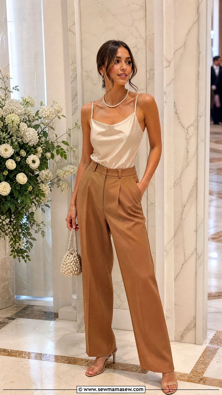 Pleated Tailored Trousers With A Silk Cami - 30 summer trousers outfit ideas