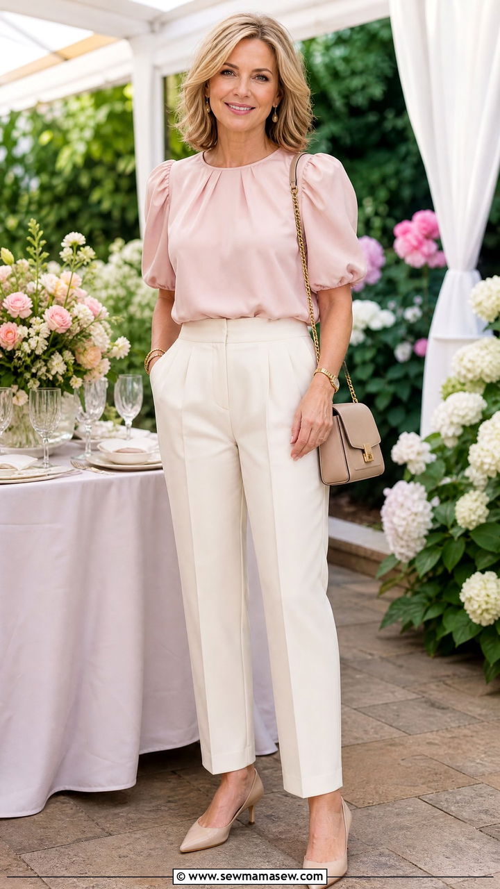 Pleated Trousers With Puff Sleeve Top - 25 trousers outfits for women over 40