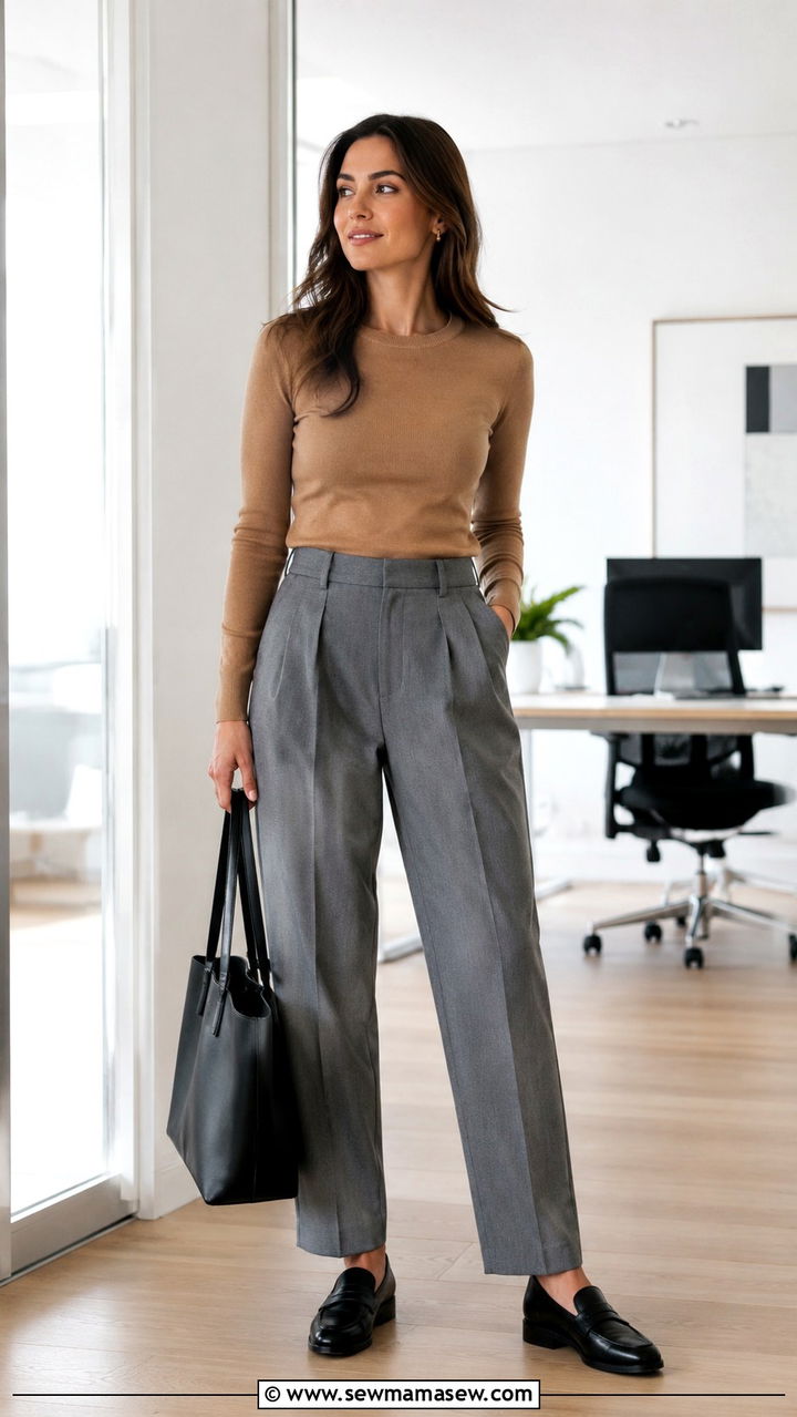Pleated Trousers With a Fitted Knit Top and Loafers Outfit - 25 Work outfits for startup