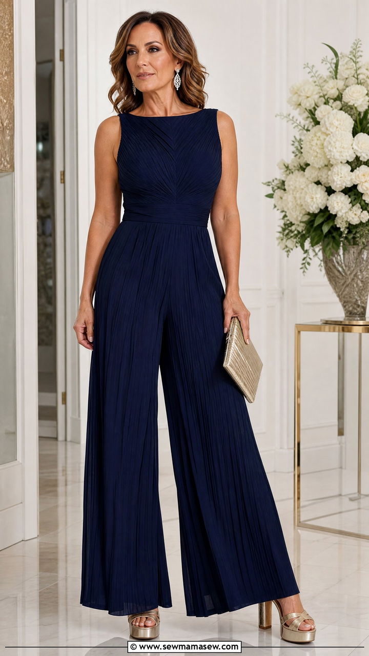 Pleated Wide Leg Jumpsuit With Platform Heels - 30 Jumpsuit outfit ideas for women over 40
