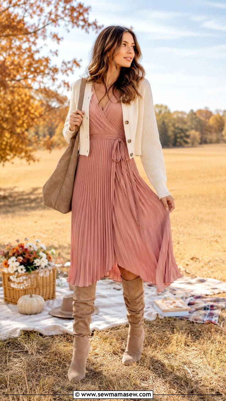 Pleated Wrap Dress With Slouchy Suede Boots - 25 Wrap dress outfit ideas with boots