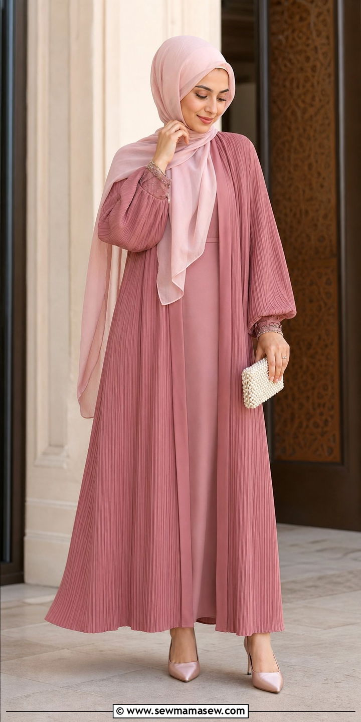 Pleated abaya with pearl accessories - 25 Eid outfit ideas with abaya