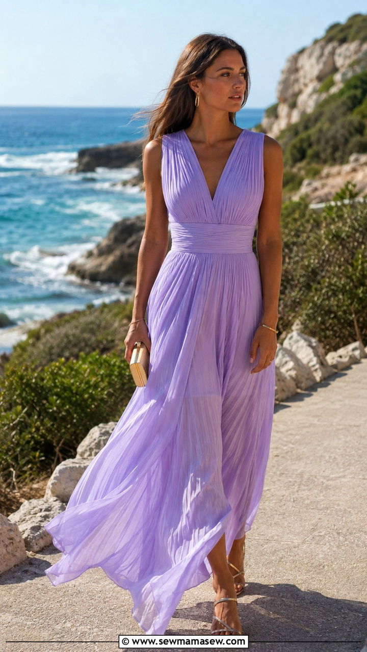 Pleated georgette maxi dress with simple sandals beach wedding - 25 Beach formal wedding guest outfit ideas