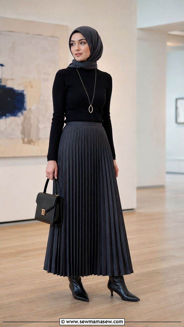Pleated long skirt with turtleneck outfit - 20 Modest outfit ideas for Turkey