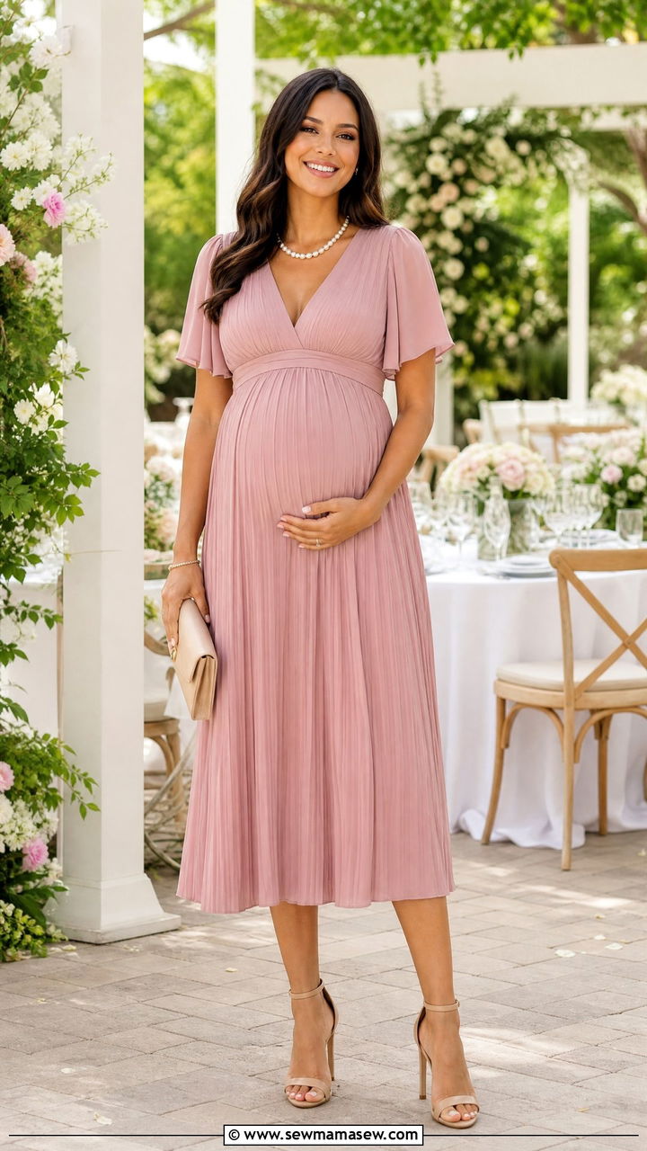 Pleated maternity midi dress for wedding guest - 30 Maternity outfit ideas for wedding guest