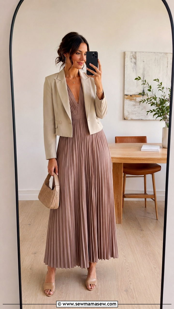 Pleated maxi dress with cropped blazer outfit - 30 Maxi dress with a blazer outfit ideas