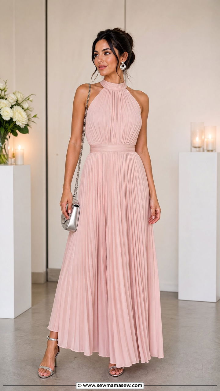 Pleated maxi dress with metallic heels - 30 Maxi dress outfit ideas with heels