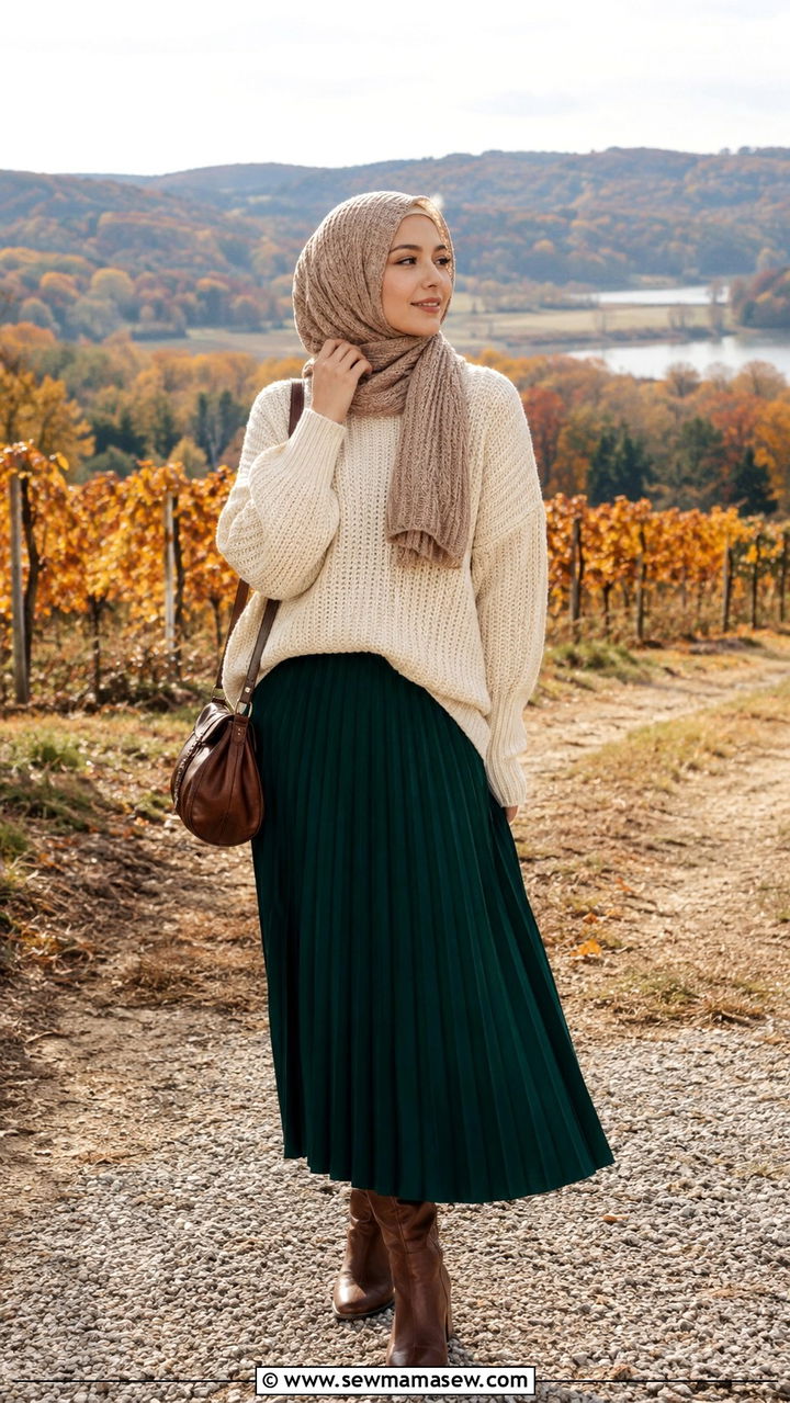 Pleated maxi skirt with chunky knit sweater - 25 Vacation outfit ideas Muslim women