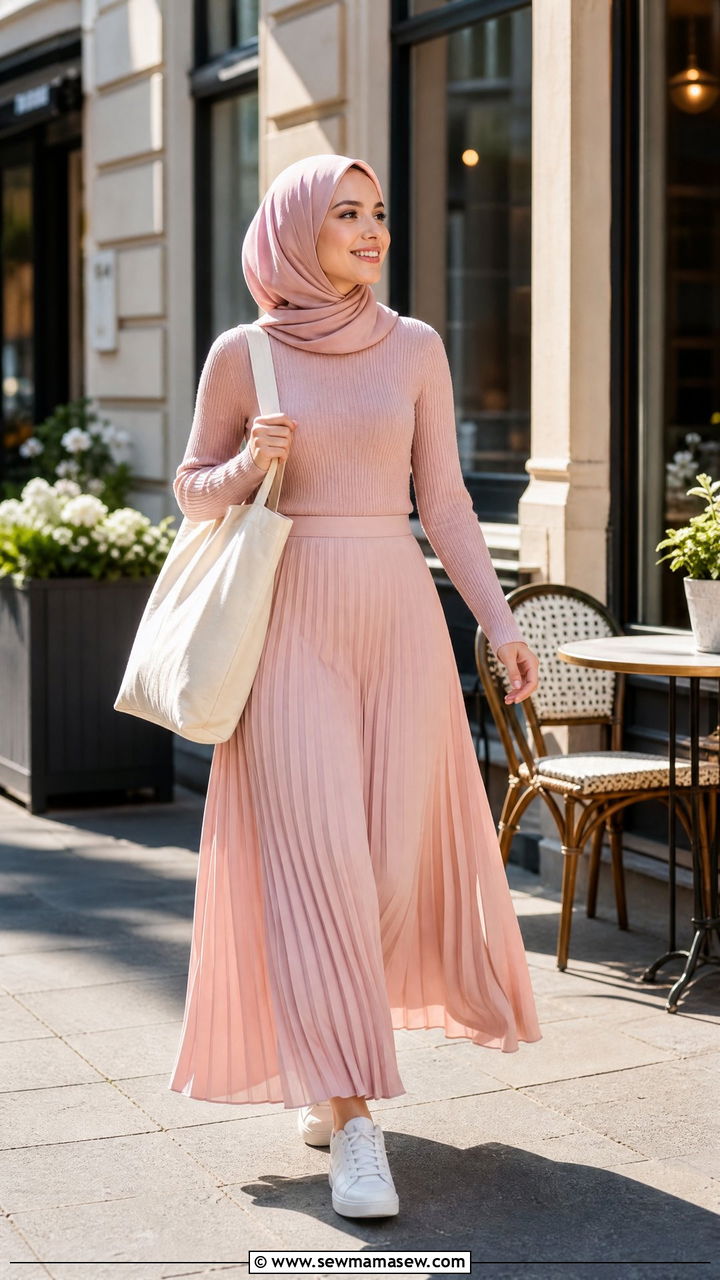 Pleated maxi skirt with fitted knit and sneakers - 30 Modest capsule wardrobe 2026