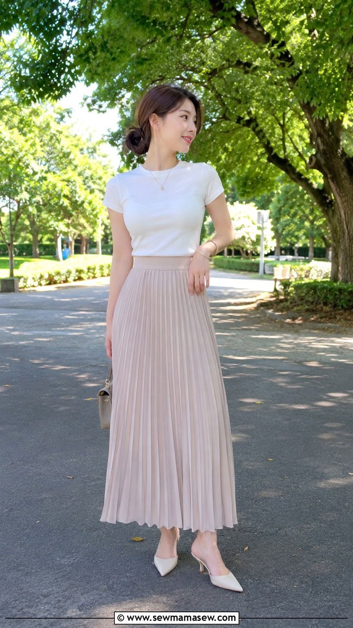 Pleated maxi skirt with fitted tee - 30 Petite outfit ideas tips