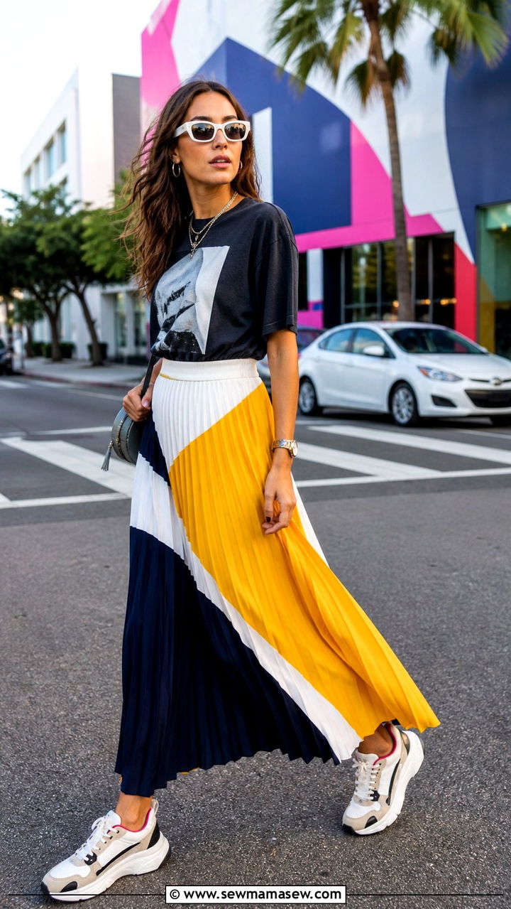 Pleated maxi skirt with graphic tee and chunky sneakers - 40 maxi skirt outfits