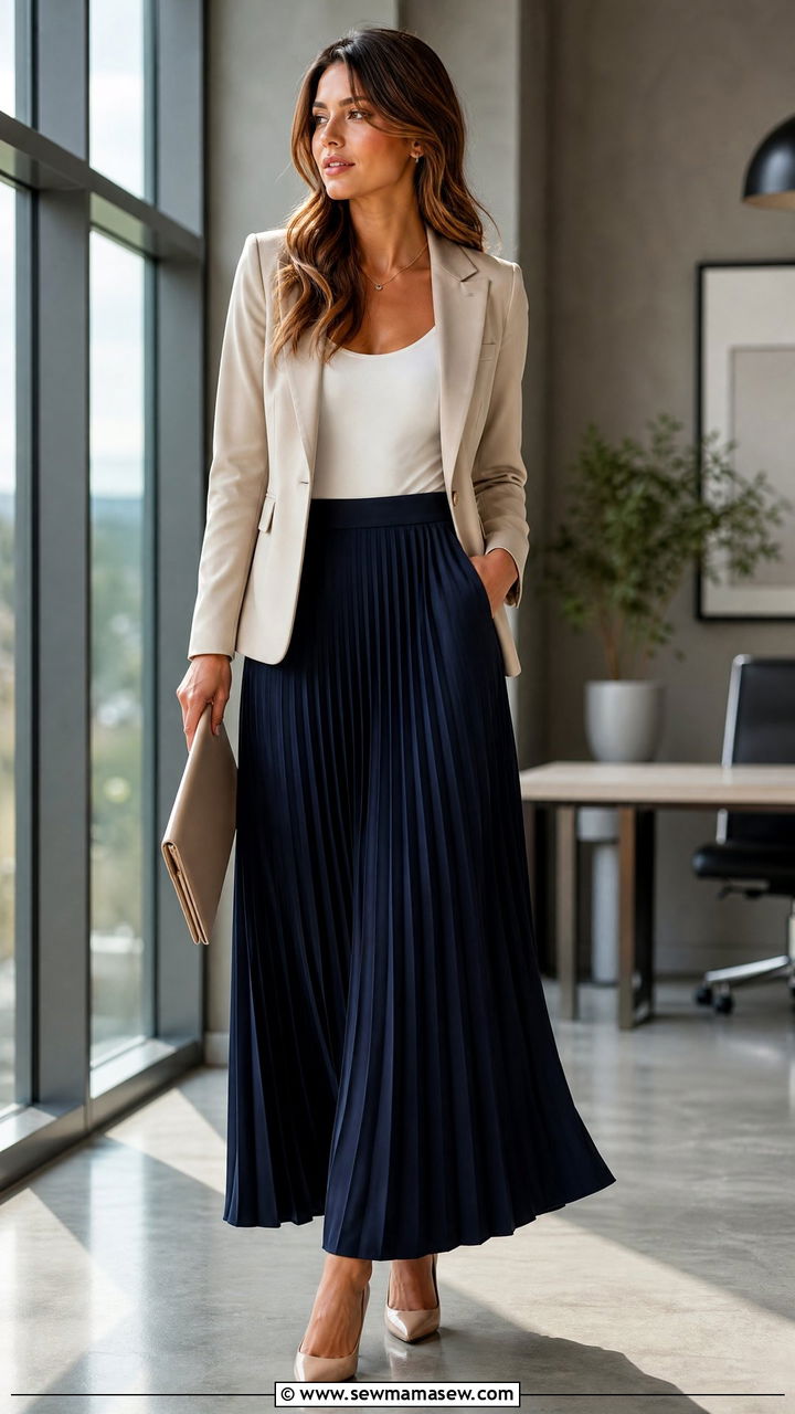 Pleated maxi skirt with tailored blazer - 30 Summer outfits with maxi skirts