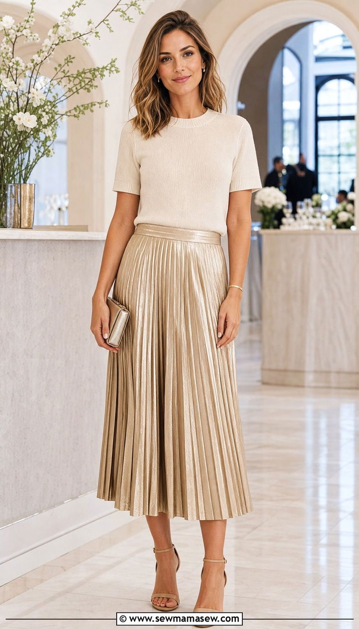 Pleated metallic midi skirt with lightweight knit top - 25 Spring outfits for 30 year old woman