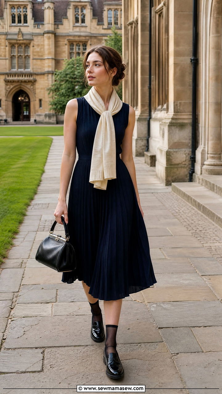 Pleated midi dress and loafers dark academia outfit - 30 Dark academia summer outfits