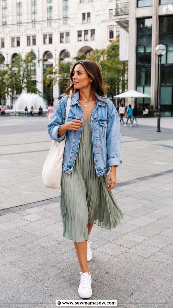 Pleated midi dress with a denim jacket and white leather sneakers - 30 Midi dress outfit ideas with a denim jacket