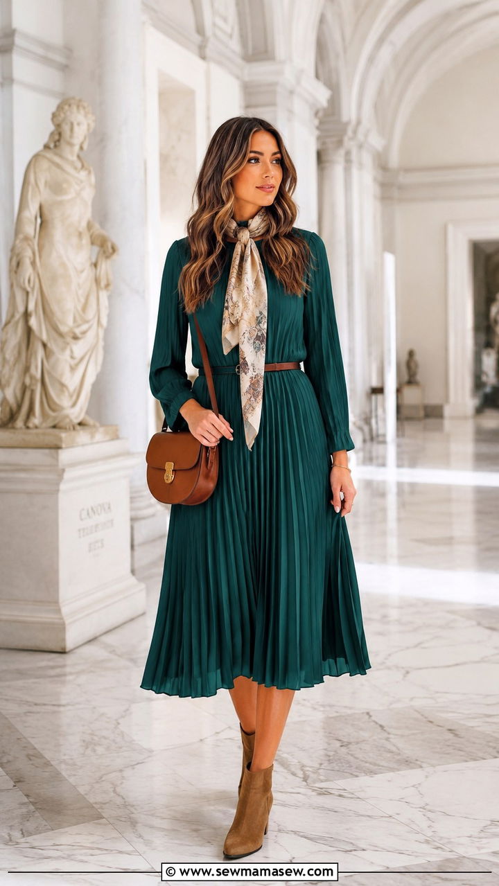 Pleated midi dress with ankle boots and scarf - 30 Spring outfits with midi dresses