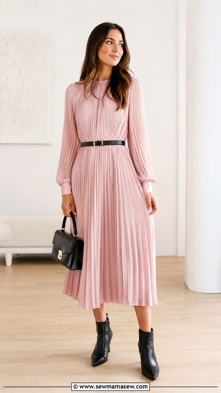 Pleated midi dress with ankle boots - 25 Midi dress with ankle boots outfit ideas
