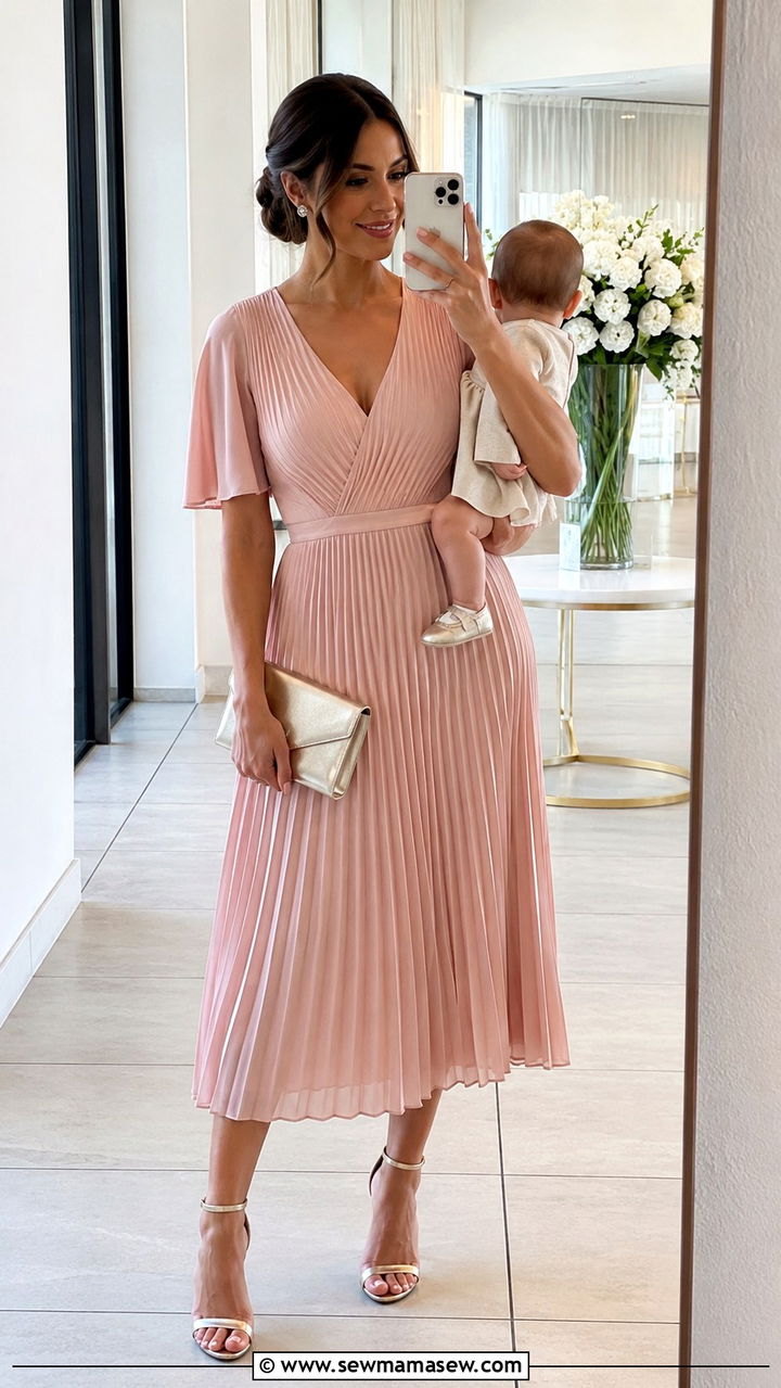 Pleated midi dress with ankle strap heels - 25 wedding guest outfits for new moms