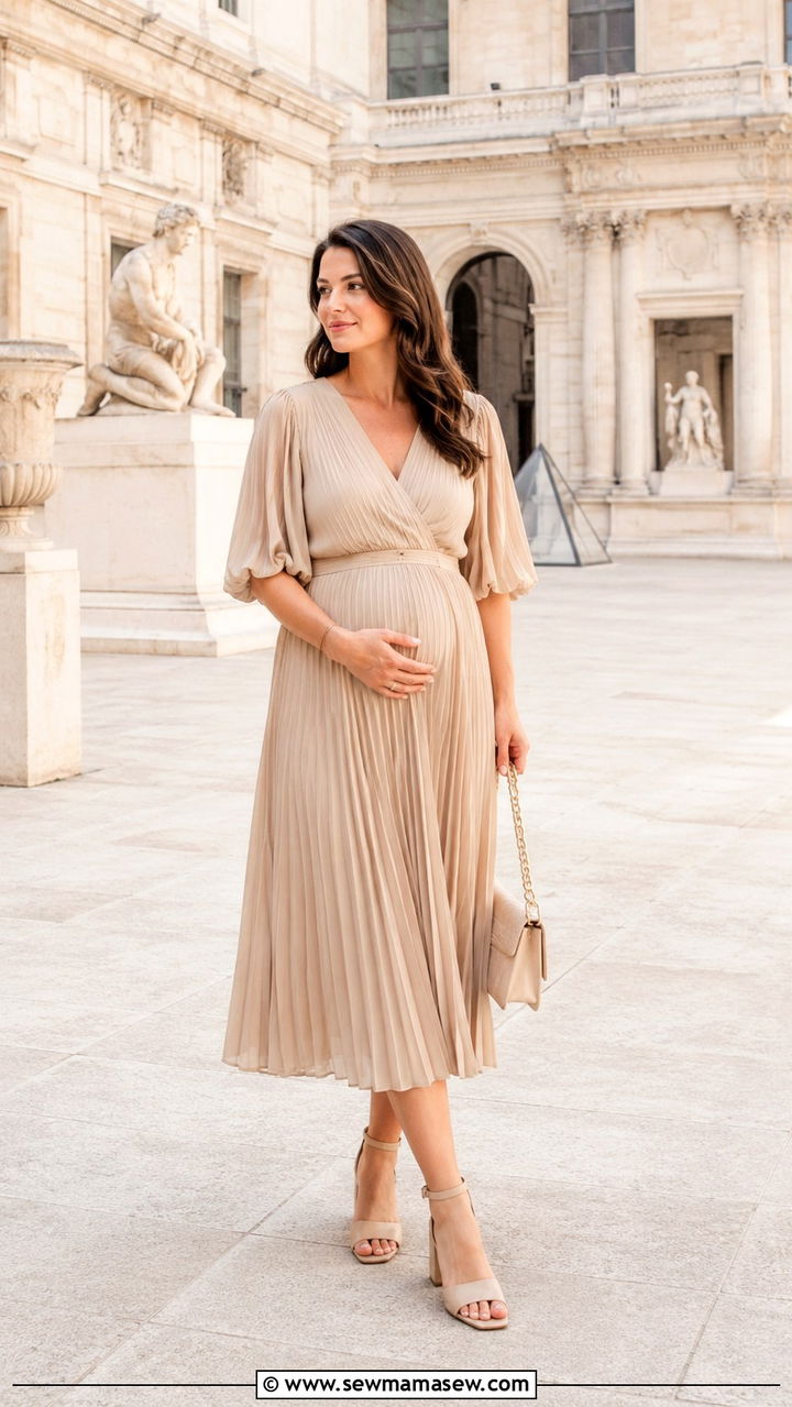 Pleated midi dress with block heels and a chain link bag - 25 wedding guest outfits for postpartum women