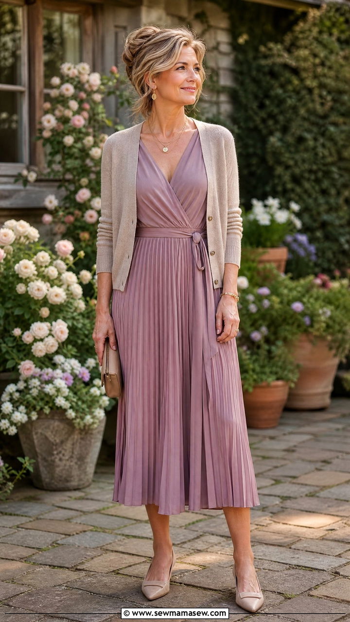 Pleated midi dress with cardigan - 30 midi dress outfits for women over 40