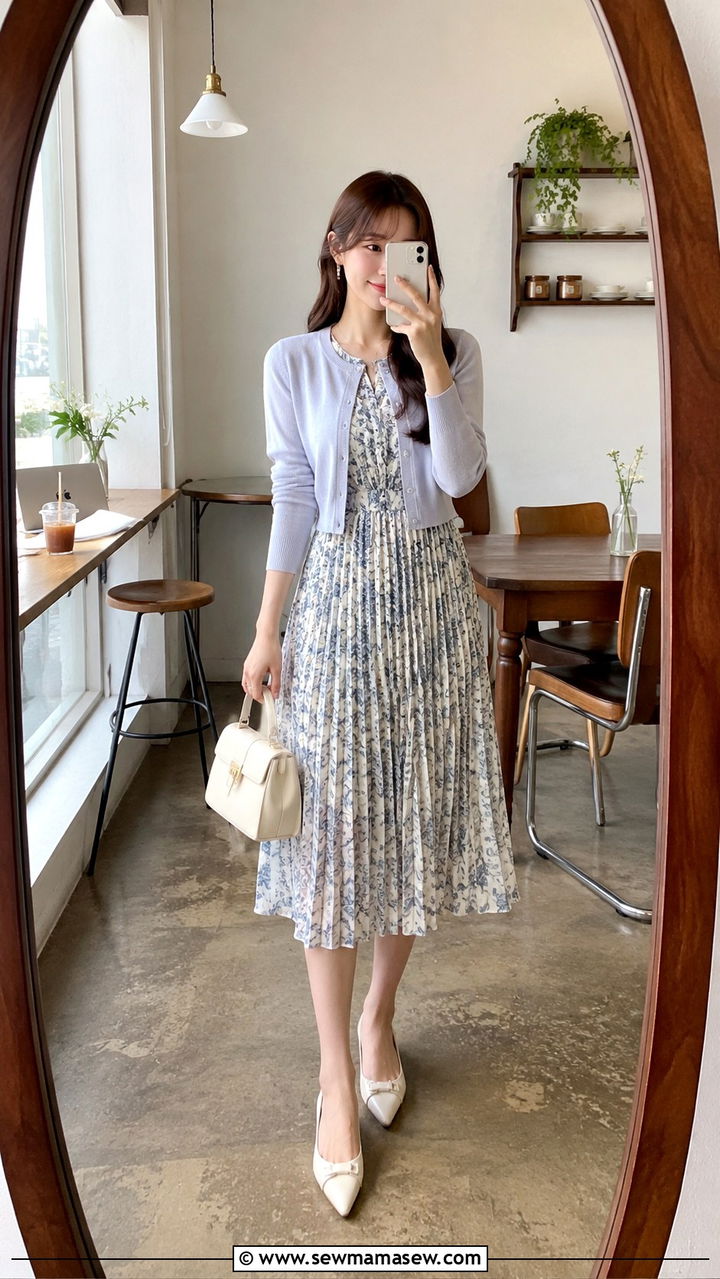 Pleated midi dress with cropped cardigan - 25 Petite work outfit ideas with dress