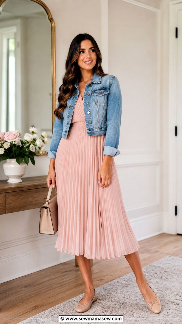 Pleated midi dress with denim jacket and ballet flats - 30 Midi dress with denim jacket outfit ideas