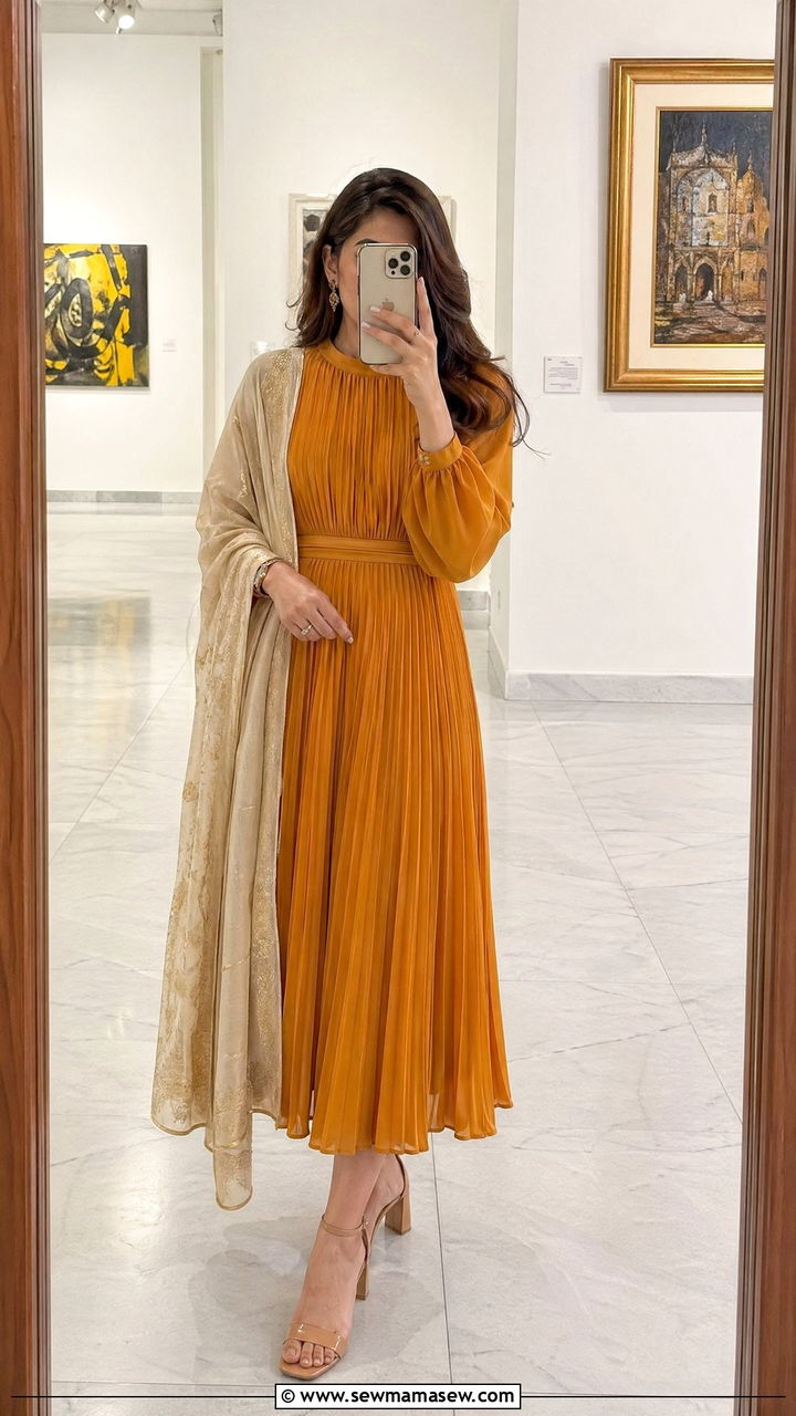 Pleated midi dress with long sleeves and block heels - 35 Eid outfit ideas modest